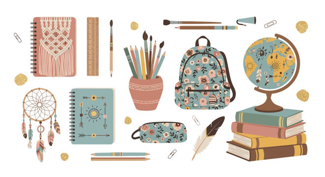 Colorful school supplies and travel items illustration.