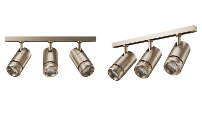 Set of modern ceiling spot light fixtures, recessed downlights with adjustable heads, made of brushed metal in a golden hue, providing directional illumination for interior spaces.