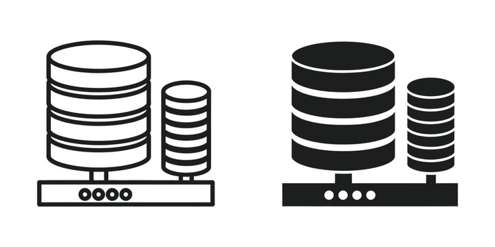 Database servers in outline and solid graphic styles on white background for technology concepts