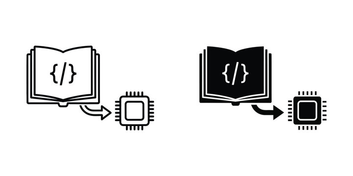 Open book with code symbols connected to a microchip during digital learning concept illustration