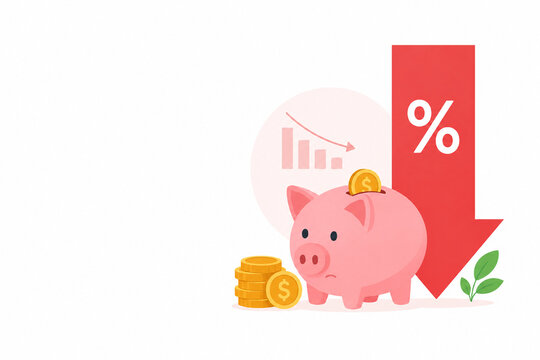Clean flat vector illustration of a piggy bank and downward percentage arrow representing lower savings interest rates, reduced returns, banking trends, and personal finance challenges.