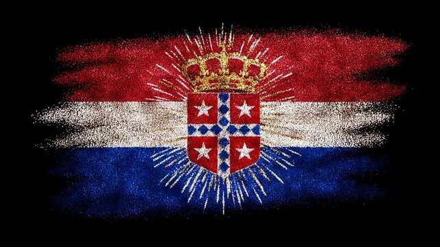 A flag-like emblem with a crown and shield design, rendered with a glittering, textured effect