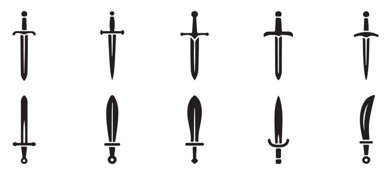 Set of medieval sword icons featuring sharp blades and intricate hilts on transparent backdrop.