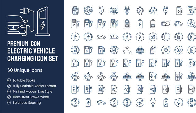 Set of 60 unique electric vehicle charging station icons