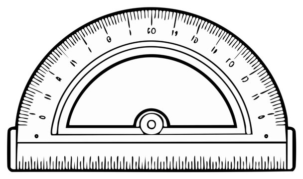 A clear line drawing of a protractor with degree markings for measuring angles and geometry