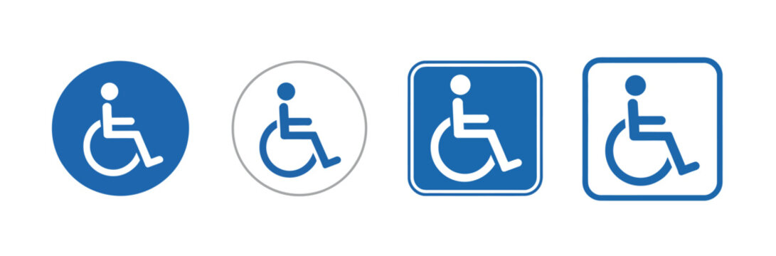 disability icon collection, accessible parking and wheelchair symbols, inclusive environment and mobility assistance concept, simple flat vector sign set.
