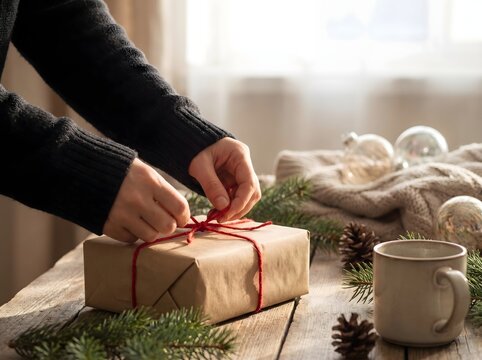Person tying red string on a brown paper gift box at a rustic wooden table