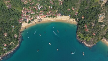 Fototapeta premium Aerial View of Pouso da Cajaíba Beach and Atlantic Forest, Brazil | Vista Aérea da Praia do Pouso da Cajaíba e Mata Atlântica, Brasil