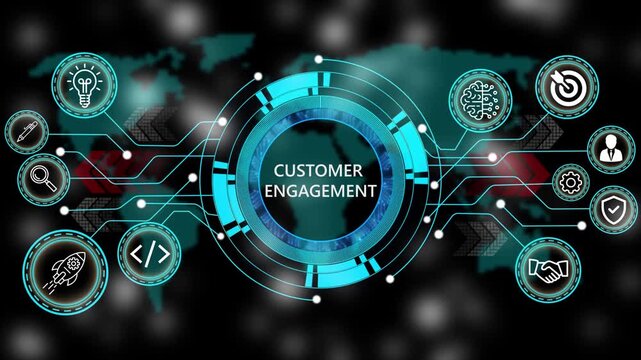 Animation of technology and business process customer engagement
 with digital interface icons. world map background 4k animation video  