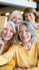 Fototapeta premium Four senior women smiling together taking a selfie in a cozy cafe