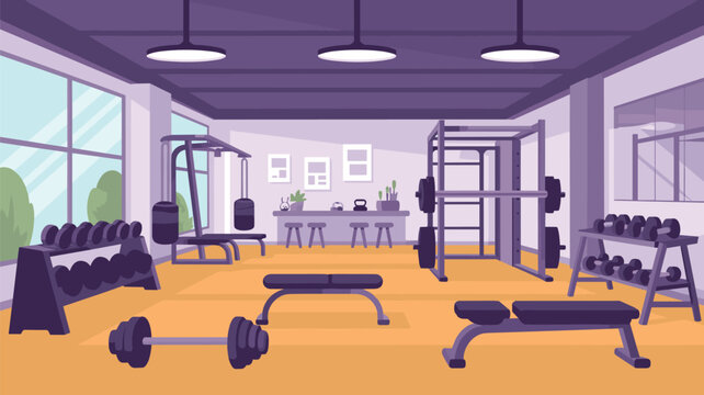 Modern gym interior with purple walls and orange floor equipped with dumbbells, weight benches, and fitness training gear.
