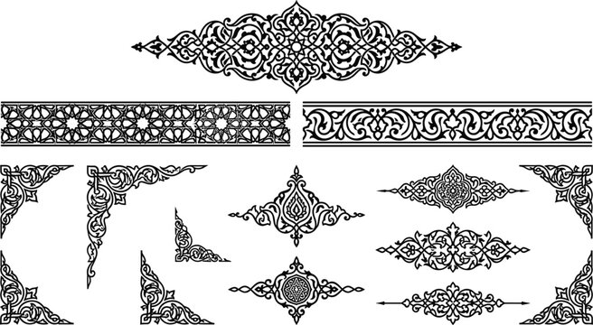 Collection of vintage arabic ornamental patterns and borders for decoration.