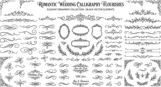 Elegant wedding calligraphy flourishes and ornamental design elements.