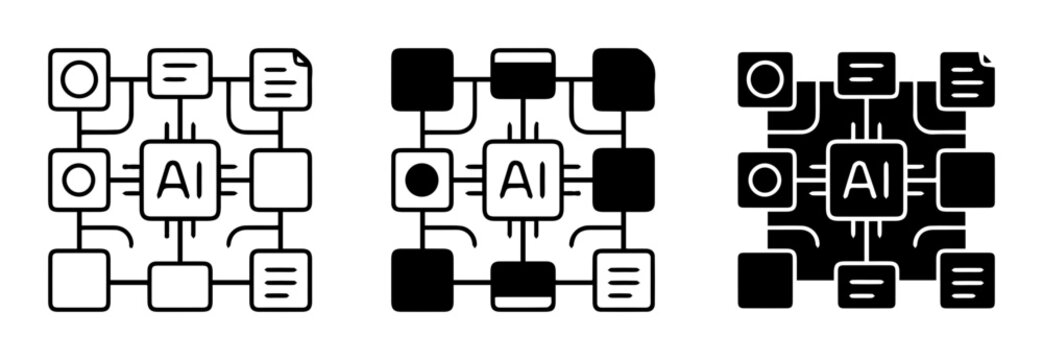 3 AI workflow diagram silhouette icons, solid black style, technology education