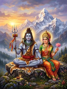 Shiva and Parvati sit together on a mountain peak at sunset with Trishul and lotus flower