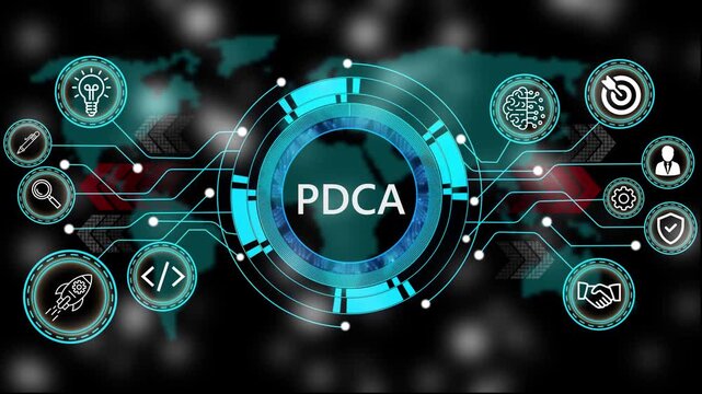 Animation of technology and business process PDCA with digital interface icons. world map background 4k animation video  