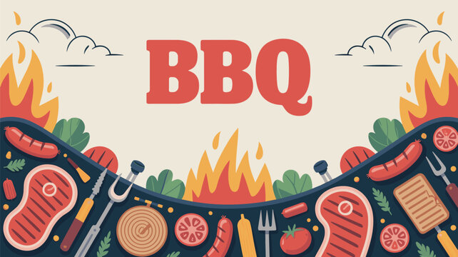Outdoor barbecue party invitation background featuring grilled steak sausages tomatoes and flames with bold red bbq text in the center.