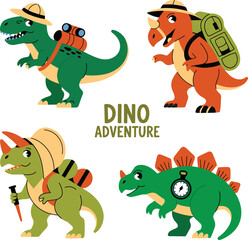 Naklejka premium Cute Dinosaur Adventure Characters Set with Explorer Theme Backpack Safari Hat and Cartoon Vector Design