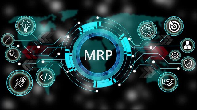 Animation of technology and business process MRP with digital interface icons. world map background 4k animation video  
