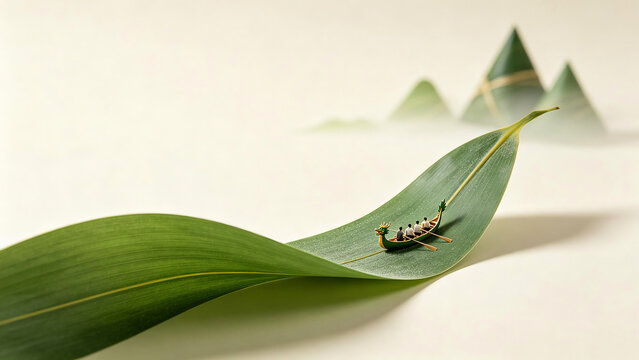 Dragon Boat on Bamboo Leaf with Zongzi