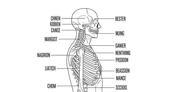 Human skeleton diagram with labeled bones and parts.