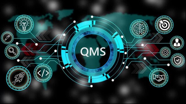 Animation of technology and business process QMS with digital interface icons. world map background 4k animation video  