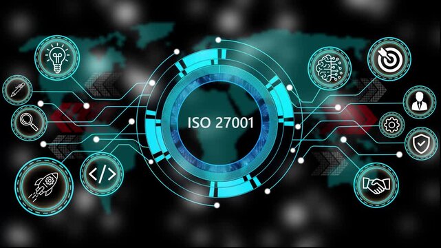 Animation of technology and business process ISO27001with digital interface icons. world map background 4k animation video  