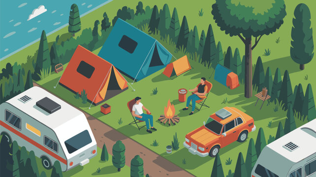 Detailed isometric camping site illustration with tents a travel trailer a car people sitting by a campfire and trees near a lake.