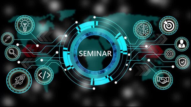 Animation of technology and business process seminar with digital interface icons. world map background 4k animation video  