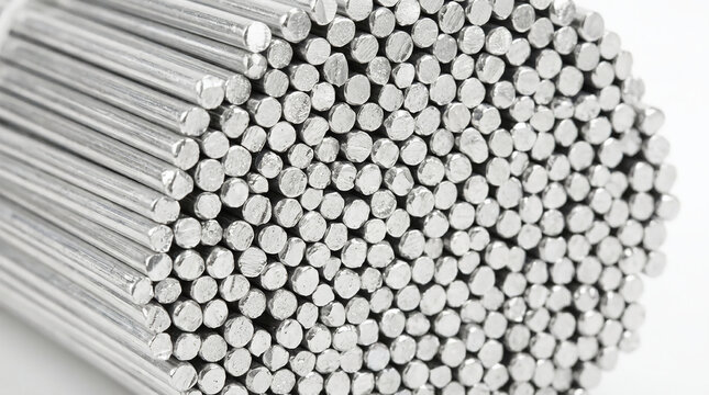 Close-up view of numerous polished metallic rods bundled tightly together, forming a dense, structured pattern, highlighting industrial material quality and precise manufacturing processes