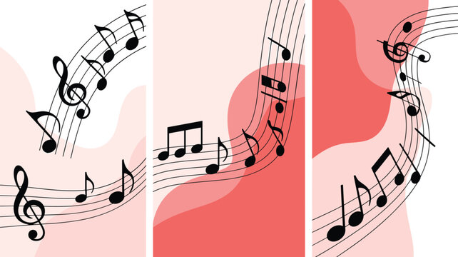 Set of three vertical banners with flowing black musical notes on wavy red and pink backgrounds for music events or festivals.
