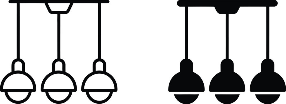 Hanging ceiling lamp icons showing outline and silhouette versions of modern triple pendant light fixtures isolated on white background.
