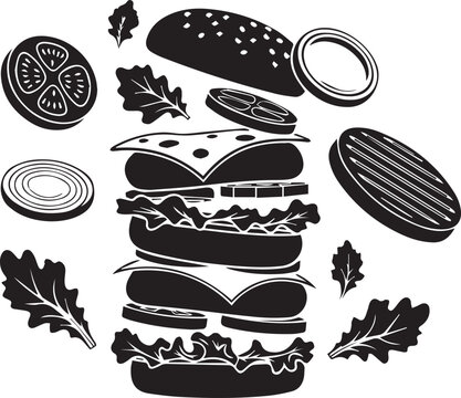 Black silhouette style illustration of burger ingredients including lettuce, tomato and cheese on white background