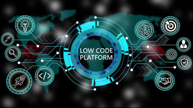 Animation of technology and business process low code platform  with digital interface icons. world map background 4k animation video  
