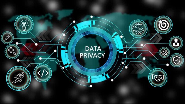Animation of technology and business process data privacy with digital interface icons. world map background 4k animation video  