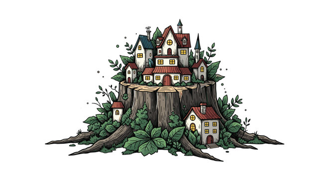 Whimsical village consists of several tiny colorful houses built on top of a weathered tree stump surrounded by green leaves.