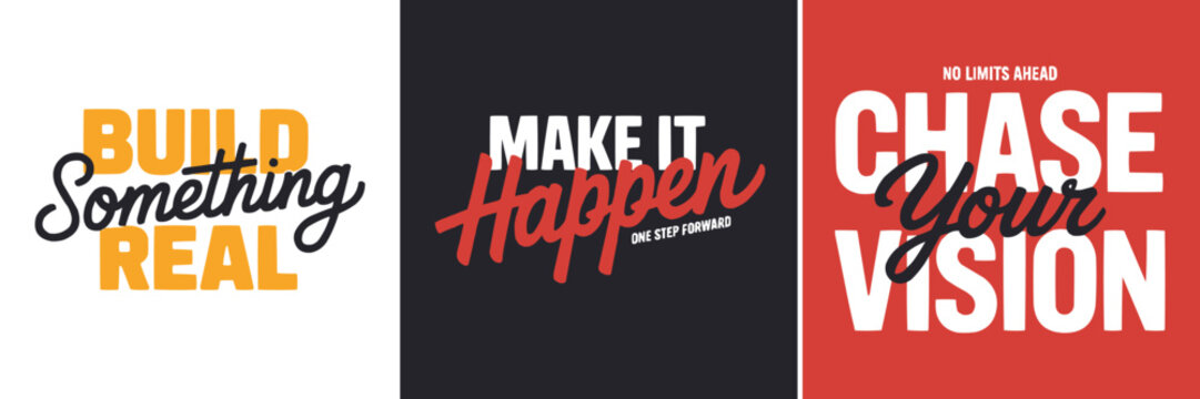 Three motivational typography posters with bold slogans for business success