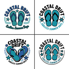 Four blue coastal drift flip flop summer vacation logo designs © Vectyx