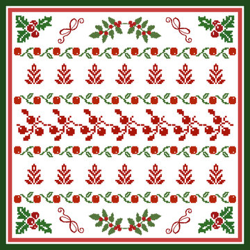 Christmas cross stitch pattern background. Nordic pixel art festive digital paper with holly berries and winter leaves