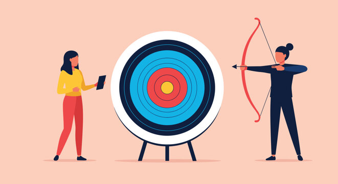 Female archer aims her bow and arrow at a colorful circular target while a teammate stands by holding a digital tablet to score.