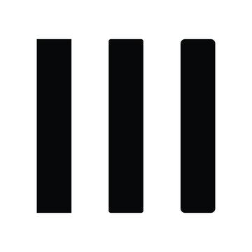 Minimalist black vertical bars icon, three parallel stripes graphic element, geometric roman numeral three symbol, abstract linear vector design for branding