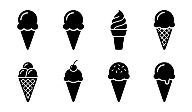 Minimalist black silhouette icon set of different ice cream cones and popsicles