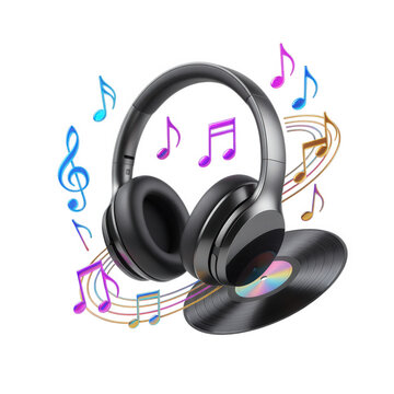 Headphones and vinyl record with colorful music notes floating around