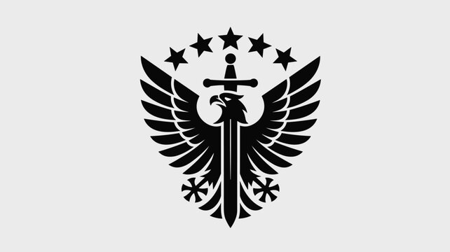 Strong heraldic emblem featuring a black silhouette of a hawk or eagle with a central sword and five stars above it.