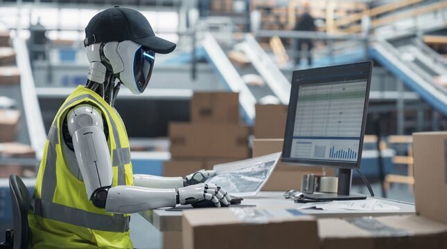 Humanoid robot worker wearing safety vest using computer at warehouse desk photography