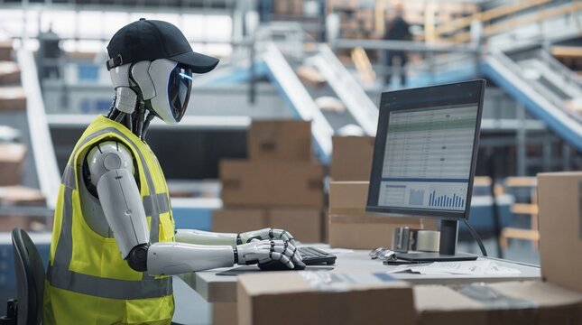Humanoid robot worker using computer at desk in warehouse logistics center photography