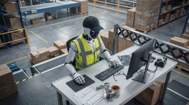 Humanoid robot worker sitting at desk using computer in busy warehouse photography