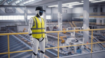 Fototapeta premium Humanoid robot wearing safety vest standing on platform overlooking factory warehouse 3d render