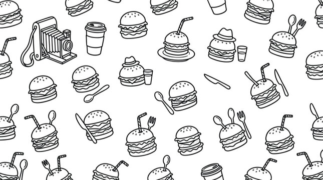Cute Hand Drawn Burger Pattern Background Vector Illustration with Camera and Coffee Cup for Creative Fast Food Wrapping Paper Textile Designs