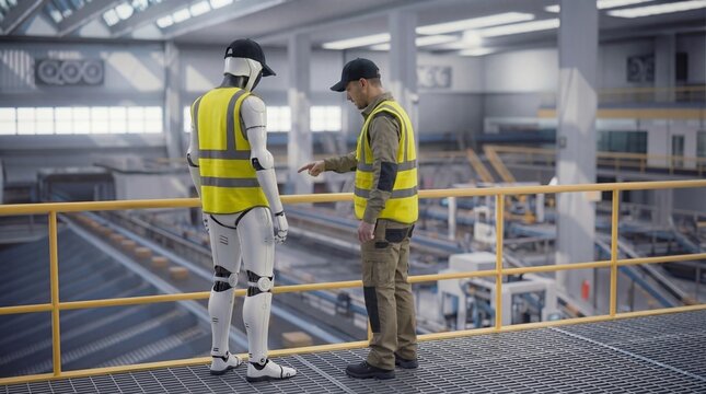 Humanoid robot and worker discussing operations on factory floor in industrial setting 3d render